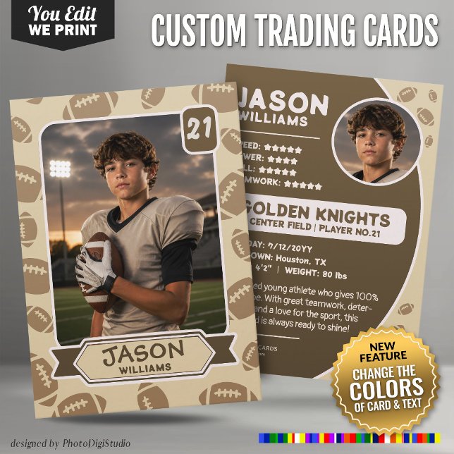 Contato Cartão de Troca de Futebol Personalizado, Cores Ed (Custom Football Trading Card, Editable Colors Card)