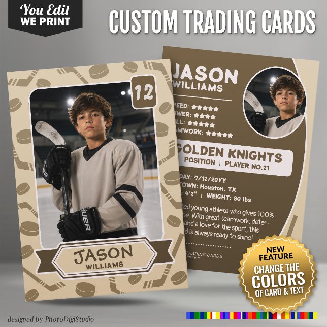 Contato Cartão de Troca de Hóquei Personalizado, Cores Edi (Custom Hockey Trading Card, Editable Colors Player Card)
