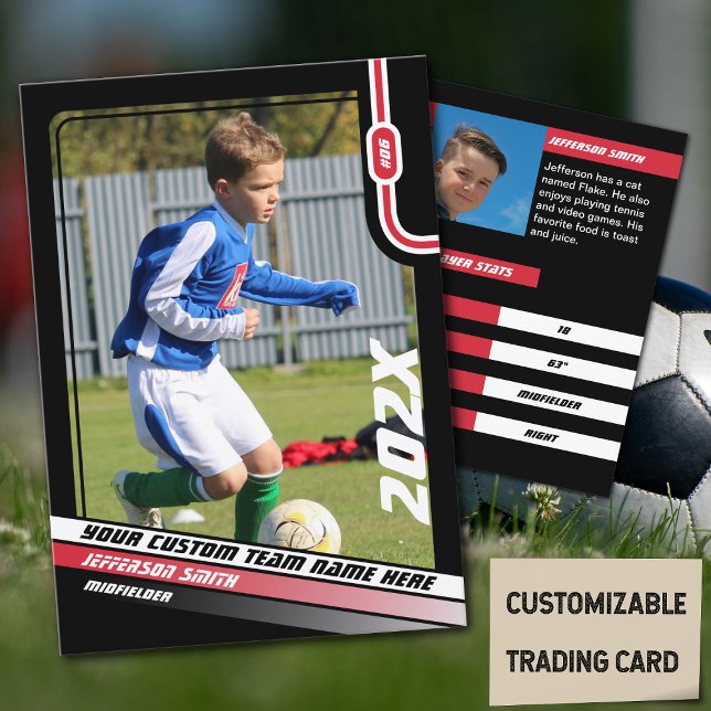 Contato Cartão de Troca de Jogador de Futebol em Preto Ver (Soccer Player Trading Card in Black with Custom Team Name and Red White Elements)