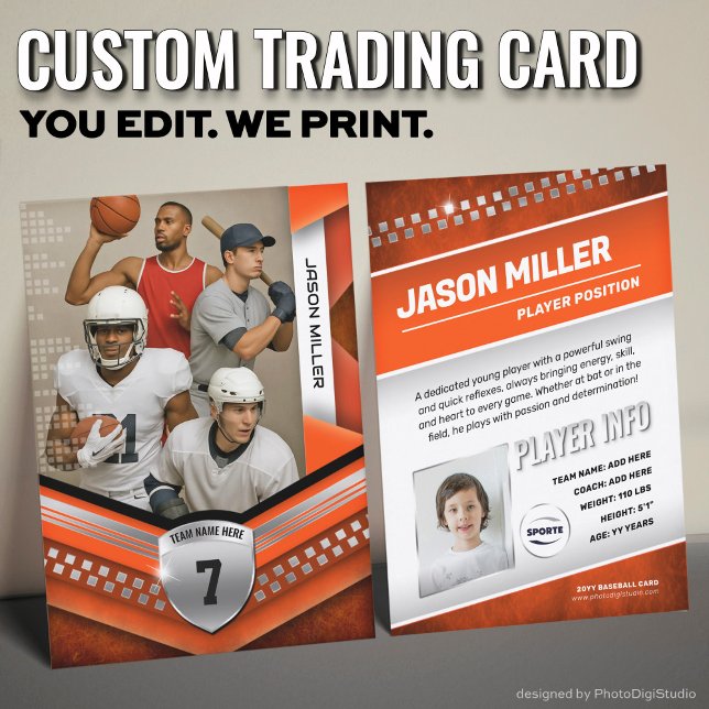 Contato Cartão de Troca Personalizado de Todos os Esportes (Custom Trading Card Template, All Sport Trading Card, Modern Orange Silver Design for All Sports)