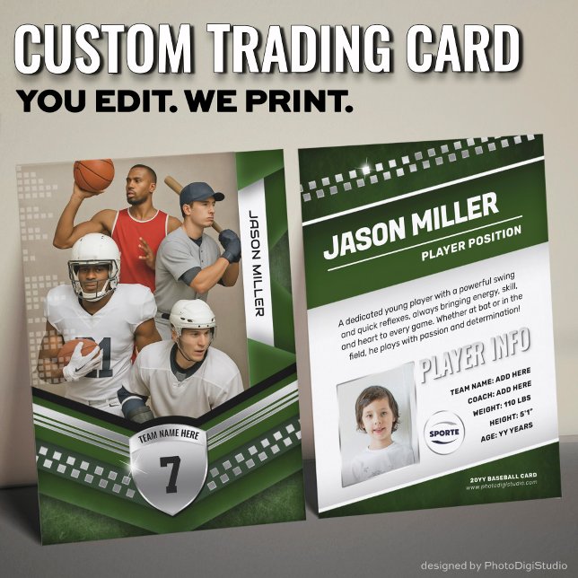 Contato Cartão de Troca Personalizado de Todos os Esportes (Custom Trading Card Template, All Sport Trading Card, Modern Green Silver Design for All Sports)