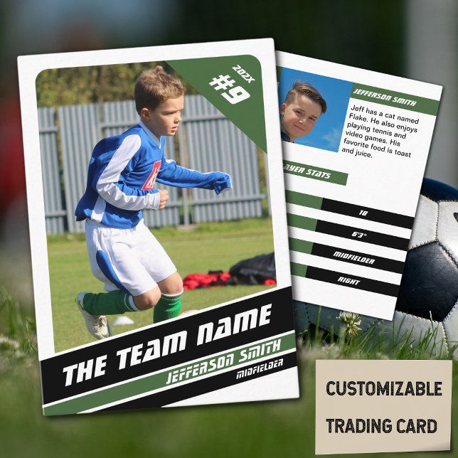 Contato Cartão de Venda do Jogador de Futebol em Vigor Ver (Soccer Player Trading Card in White with Custom Team Name and Green Black Elements)