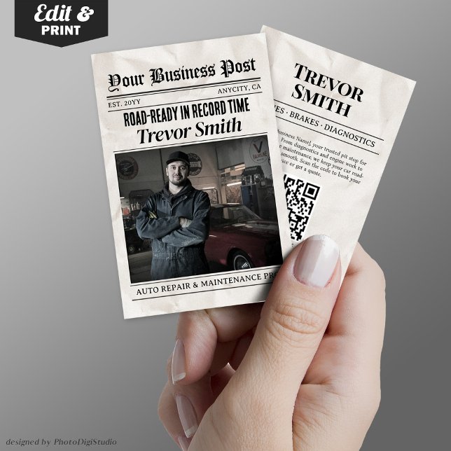 Contato Cartão de visita de jornal, mecânico de carro de r (Newspaper Business Card, Auto Repair Car Mechanic Calling Card)