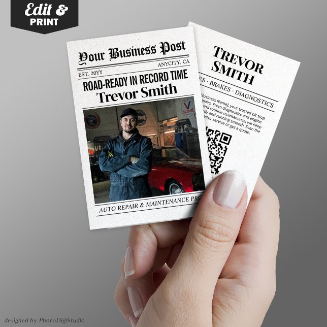 Contato Cartão de visita de jornal, mecânico de carro de r (Newspaper Business Card, Auto Repair Car Mechanic Calling Card)