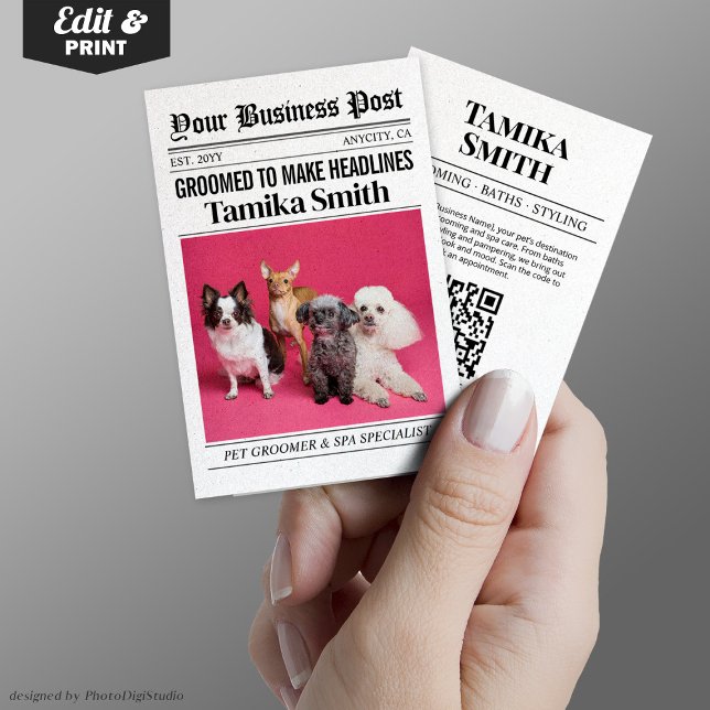 Contato Cartão de visita de jornal, Pet Groomer e Pet Spa (Newspaper Business Card, Pet Groomer & Pet Spa Calling Card)