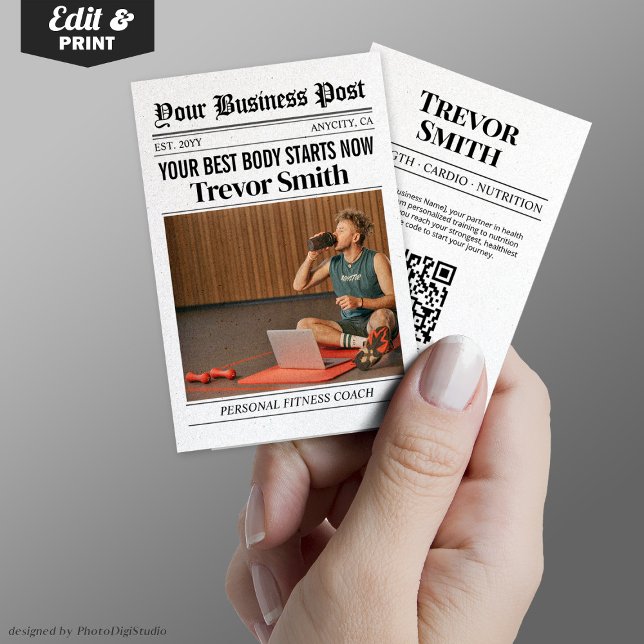 Contato Cartão de visita de jornal, técnico de Malhação pe (Newspaper Business Card, Personal Fitness Coach Calling Card)