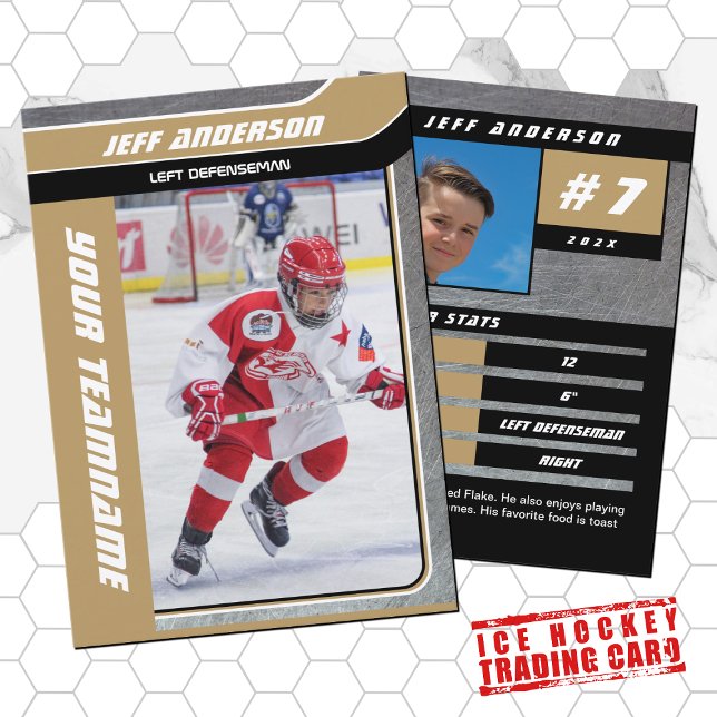 Contato Cartão Dourado de Hóquei no Gelo (Hockey Trading Card with custom team name and hockey player name in Gold and Black )