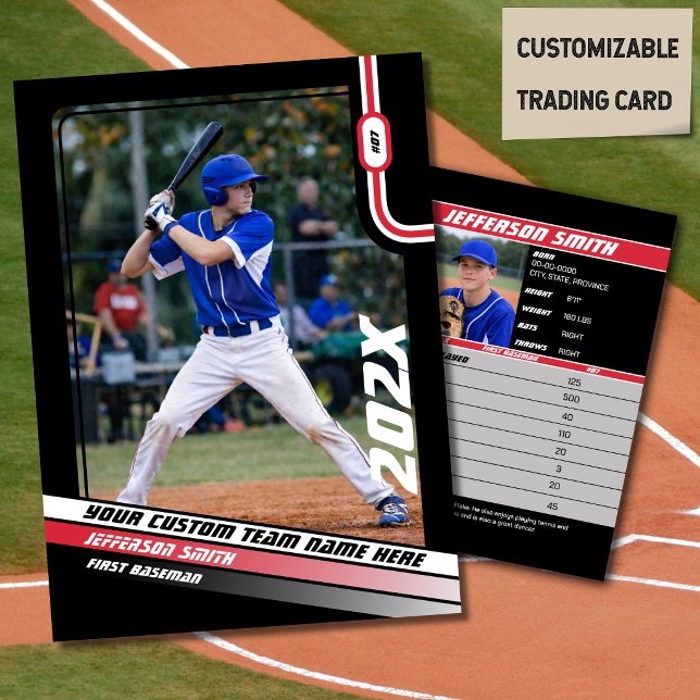 Contato Cartão Personalizado Presente Vermelho de Jogador  (Baseball Player Trading Card in Black with Custom Team Name and Red White Elements)