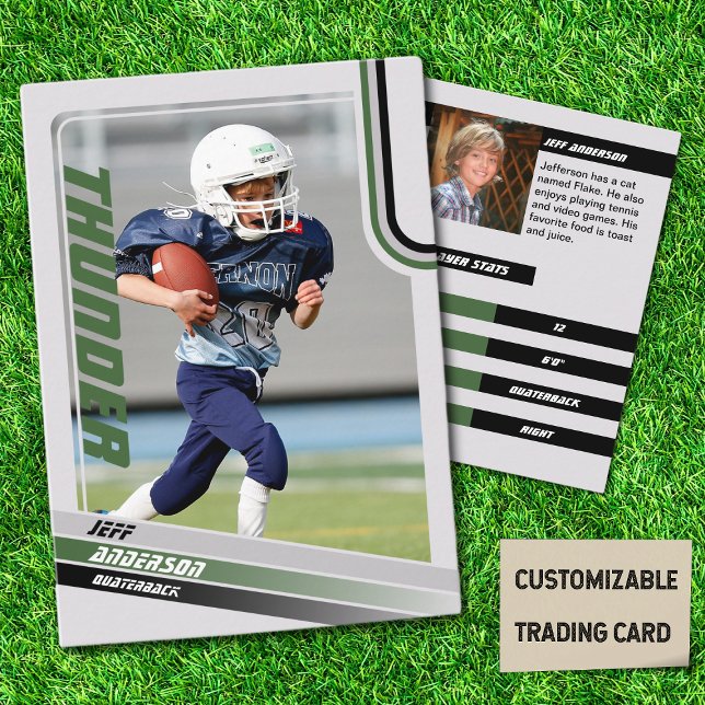 Contato Cartão Verde Americano De Futebol Para Crianças (American Football Player Trading Card for Kids in Grey with Custom Team and Player Name Green)