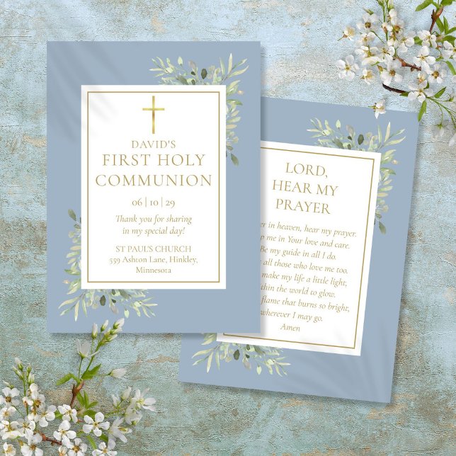 Contato Greenery Blue Primeiro Cartão de Oração da Comunid (Greenery Blue First Holy Communion Prayer Card)