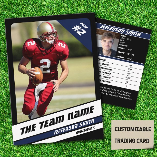 Contato Presente Esportivo de Cartão de Troca de Equipe de (American Football Player Trading Card in Black with Custom Team and Player Name with Blue Stripes
)