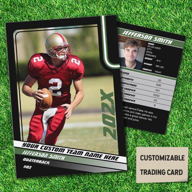 Contato Presente personalizado de cartão de jogador de fut (American Football Player Trading Card in Black with Custom Team and Player Name with Green Stripes)
