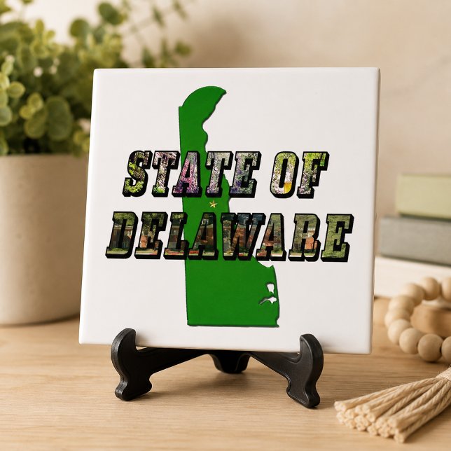 Contorno de imagem, texto e mapa do Estado de Dela (State of Delaware Picture Text & Map Outline Ceramic Tile)