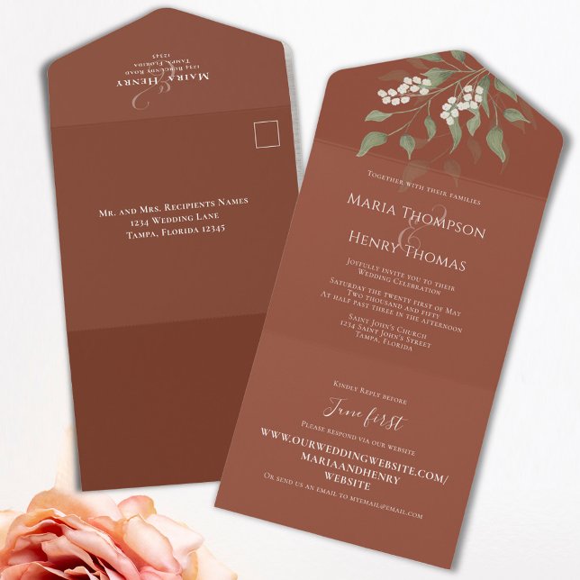 Convidado Elegante Branco Floral Terracotta Dirigi (Terracotta All in One Style invitation template. )