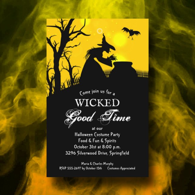 Convidados de Halloween do Orçamento da Bruxa Mald (Wicked witch silhouette Halloween party invitations on BUDGET value 110 lb. paper)