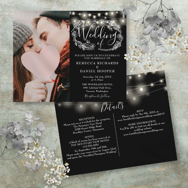 Convidar Detalhes do Casamento Fotográfico das Luz (Budget String Lights Photo Wedding Details Invite)