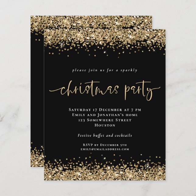 Convidar Festa de Natal Preta Dourada do Orçamento (Frente/Verso)