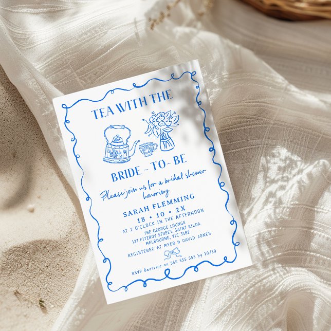 Convite (Blue Whimsical Tea Bridal Shower Invitation, Tea With The Bride Shower Invite, Hand Drawn, Quirky)