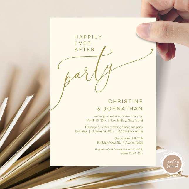 Convite (Happily Ever After Party, Modern Romantic Wedding Elopement Dinner Invitation Card, in Classy Gold)