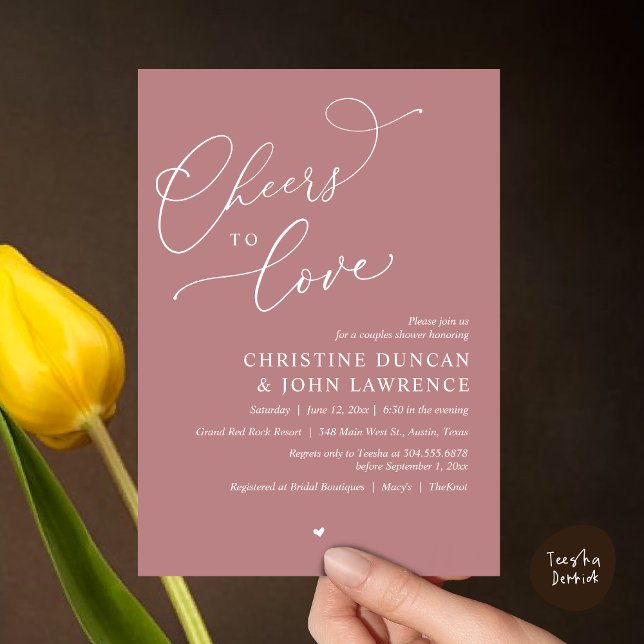Convite (Cheers to love, Romantic Couples Shower Modern Party Winery Invitation Card, PDF, Summer Dusty Rose)