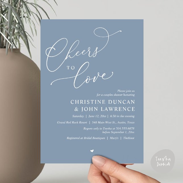 Convite (Cheers to love, Romantic Couples Shower Modern Party Winery Invitation Card, PDF, Summer Dusty Blue)