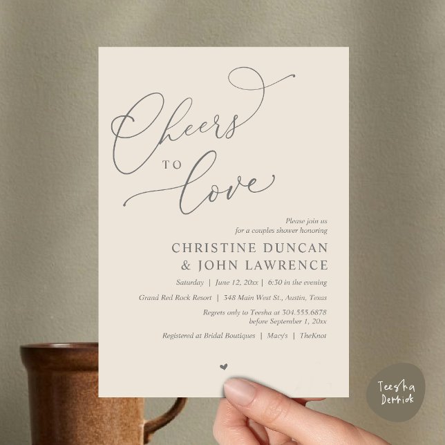 Convite (Cheers to love, Romantic Couples Shower Modern Party Winery Invitation Card, PDF, Summer Cream Grey)
