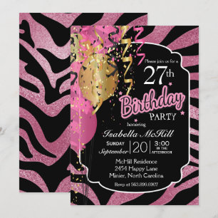 Convite 00º Aniversário - Listras de Zebra Rosa e Preto