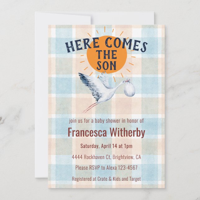 Convite 001 Água de Tinta Xadrez Cegonha Chá de Bebê Boho (Frente)