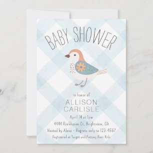 Convite 001 Céu Azul Bebê Floral Bird Xadrez Chá de Bebê