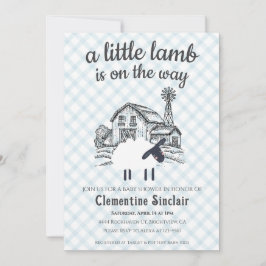 Convite 001 Sky Blue A Little Lamb Gingham Baby Shower