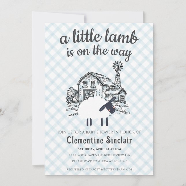 Convite 001 Sky Blue A Little Lamb Gingham Baby Shower (Frente)