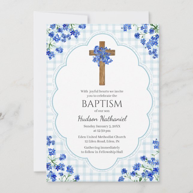 Convite 001 Sky Blue Blossom Rustic Cross Design Baptism (Frente)