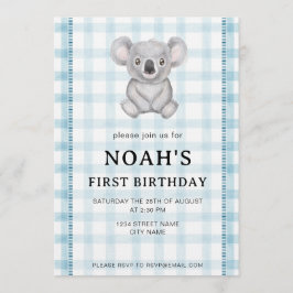 Convite 001 Sky Blue Plaid Koala 1st Birthday Invitation
