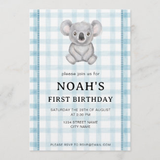 Convite 001 Sky Blue Plaid Koala 1st Birthday Invitation