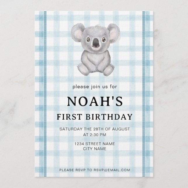 Convite 001 Sky Blue Plaid Koala 1st Birthday Invitation (Frente)