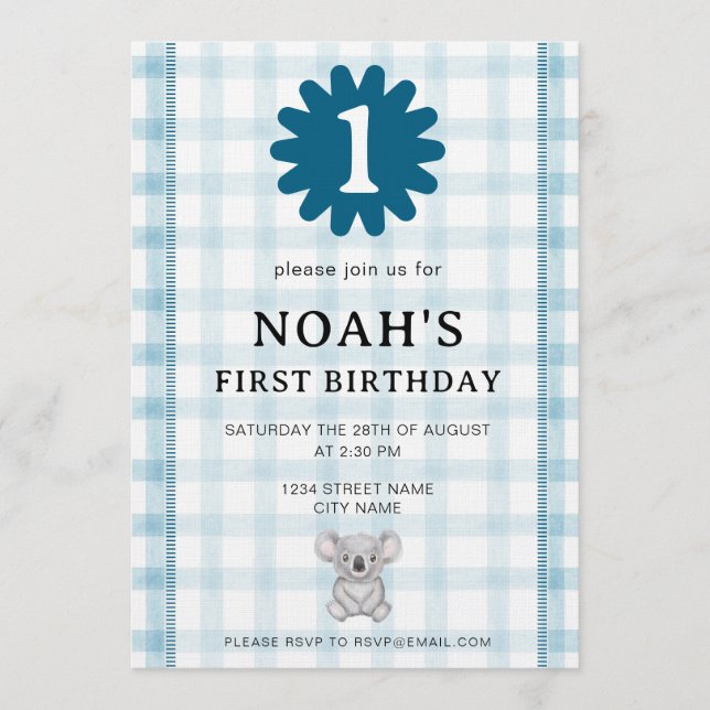 Convite 001 Sky Watercolor Check Koala Birthday Invitation (Frente)