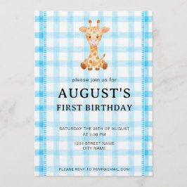 Convite 002 Cerulean Blue Check Giraffe Birthday Invite