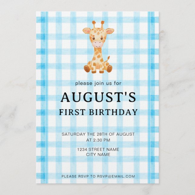 Convite 002 Cerulean Blue Check Giraffe Birthday Invite (Frente)