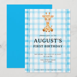 Convite 002 Cerulean Blue Check Giraffe Birthday Invite