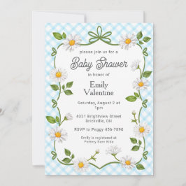 Convite 002 Cerulean Blue Floral Daisy Plaid Baby Shower