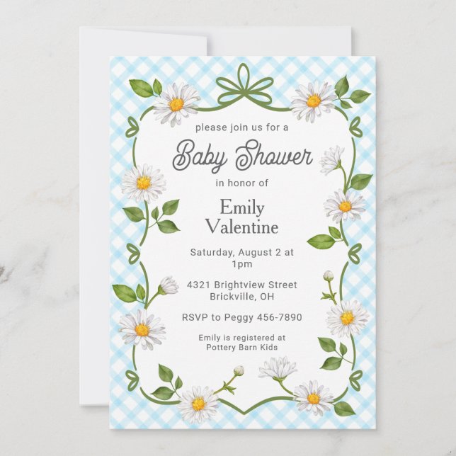Convite 002 Cerulean Blue Floral Daisy Plaid Baby Shower (Frente)