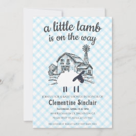 Convite 002 Cerulean Blue Little Lamb Gingham Baby Shower