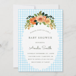 Convite 002 Cerulean Floral Gingham Baby Shower Invitation