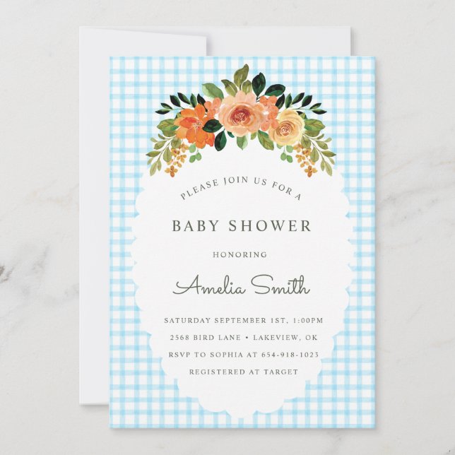 Convite 002 Cerulean Floral Gingham Baby Shower Invitation (Frente)