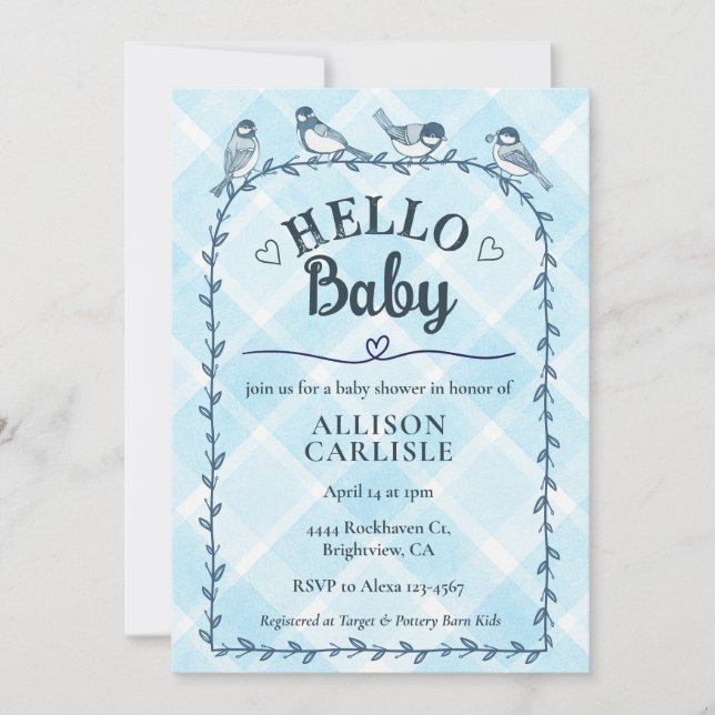 Convite 002 Cerulean Watercolor Gingham Birds Baby Shower (Frente)
