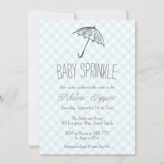 Convite 002 Guarda-chuva Moderno Azul Bébé Sprinkle Gingha