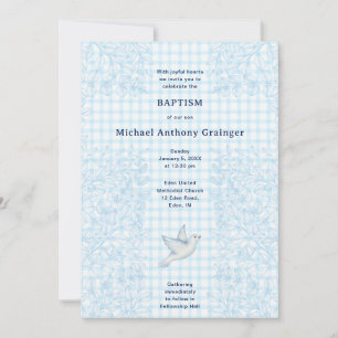 Convite 002 Pombo Cerúleo Cruz Botânica Gingham Batismo