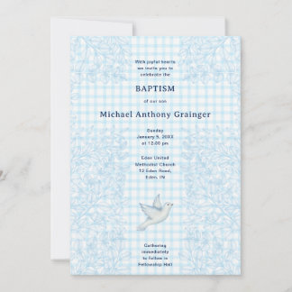 Convite 002 Pombo Cerúleo Cruz Botânica Gingham Batismo