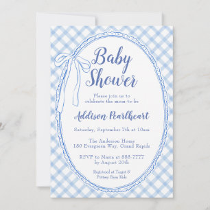 Convite 003 Azul Cobalto Lace Gingham Chá de Bebê Herança 