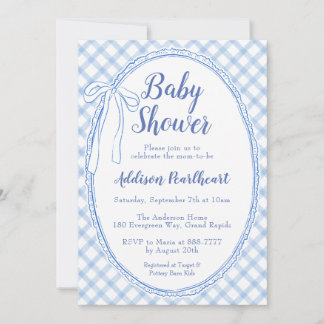 Convite 003 Azul Cobalto Lace Gingham Chá de Bebê Herança